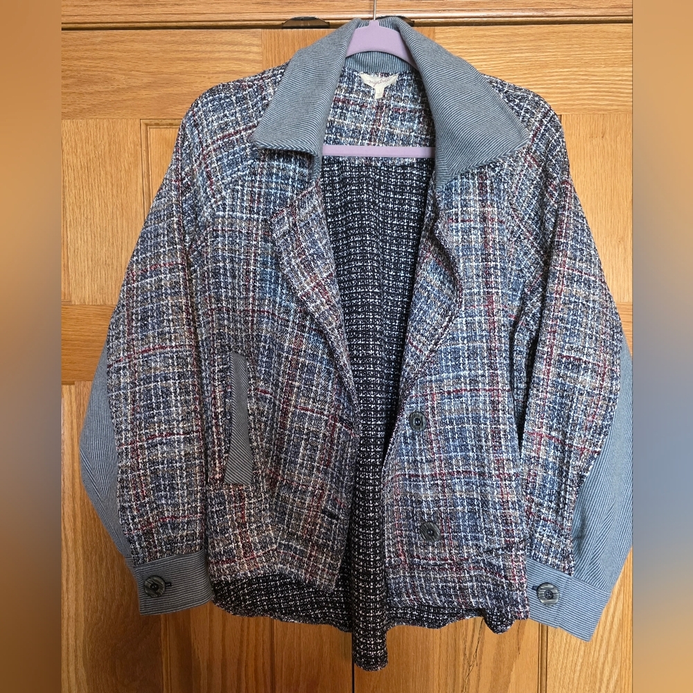 Mystree Textured Plaid Tweed Jacket in Blue